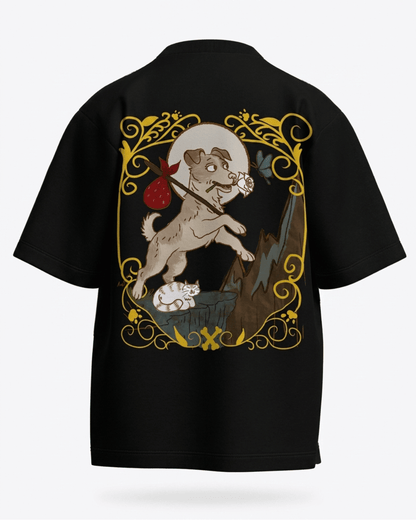 The Fool of Dogs – Tarot Oversized T-Shirt Black Oversized French Terry Cotton Premium Streetwear T-shirt Loom of Thirds India's No. 1 Art-led, graphic streetwear brand based in Kolkata by Sidhartha Mohanta & Chirayata Purna Chakrabarty