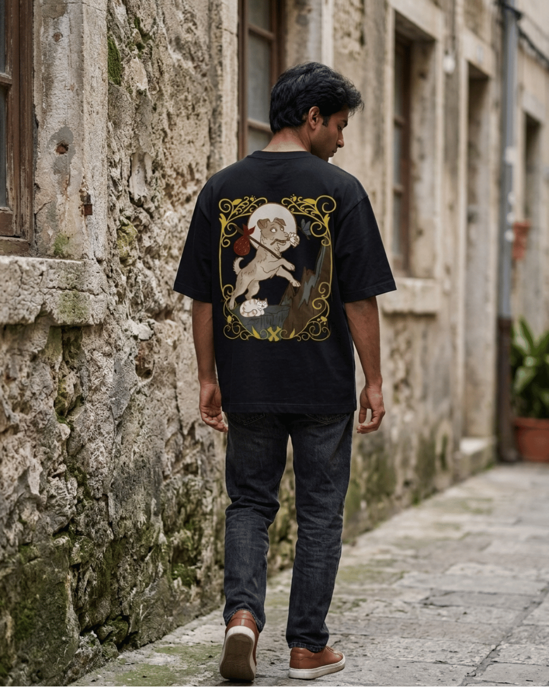 The Fool of Dogs – Tarot Oversized T-Shirt Oversized French Terry Cotton Premium Streetwear T-shirt Loom of Thirds India's No. 1 Art-led, graphic streetwear brand based in Kolkata by Sidhartha Mohanta & Chirayata Purna Chakrabarty