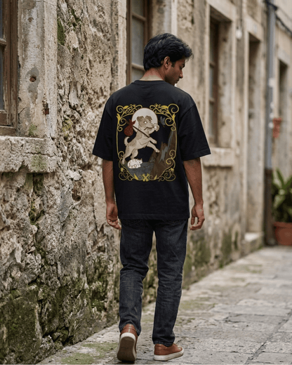 The Fool of Dogs – Tarot Oversized T-Shirt Oversized French Terry Cotton Premium Streetwear T-shirt Loom of Thirds India's No. 1 Art-led, graphic streetwear brand based in Kolkata by Sidhartha Mohanta & Chirayata Purna Chakrabarty