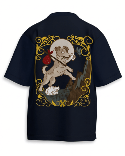 The Fool of Dogs – Tarot Oversized T-Shirt Navy Blue Oversized French Terry Cotton Premium Streetwear T-shirt Loom of Thirds India's No. 1 Art-led, graphic streetwear brand based in Kolkata by Sidhartha Mohanta & Chirayata Purna Chakrabarty