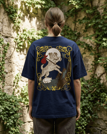 The Fool of Dogs – Tarot Oversized T-Shirt Oversized French Terry Cotton Premium Streetwear T-shirt Loom of Thirds India's No. 1 Art-led, graphic streetwear brand based in Kolkata by Sidhartha Mohanta & Chirayata Purna Chakrabarty