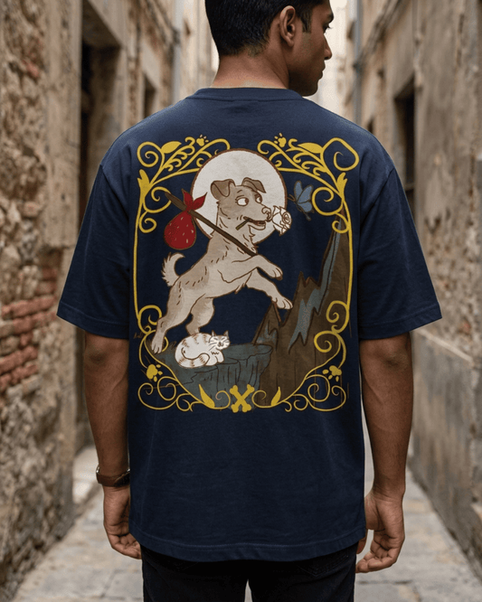 The Fool of Dogs – Tarot Oversized T-Shirt Oversized French Terry Cotton Premium Streetwear T-shirt Loom of Thirds India's No. 1 Art-led, graphic streetwear brand based in Kolkata by Sidhartha Mohanta & Chirayata Purna Chakrabarty