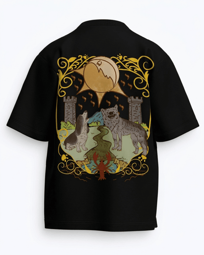 The Moon of Dogs – Tarot Oversized T-Shirt Black Oversized French Terry Cotton Premium Streetwear T-shirt Loom of Thirds India's No. 1 Art-led, graphic streetwear brand based in Kolkata by Sidhartha Mohanta & Chirayata Purna Chakrabarty