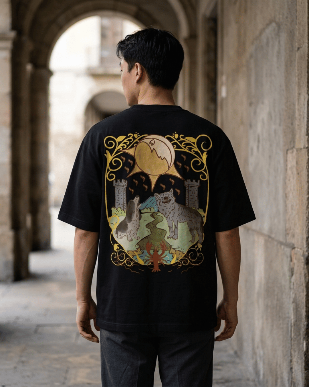 The Moon of Dogs – Tarot Oversized T-Shirt Oversized French Terry Cotton Premium Streetwear T-shirt Loom of Thirds India's No. 1 Art-led, graphic streetwear brand based in Kolkata by Sidhartha Mohanta & Chirayata Purna Chakrabarty