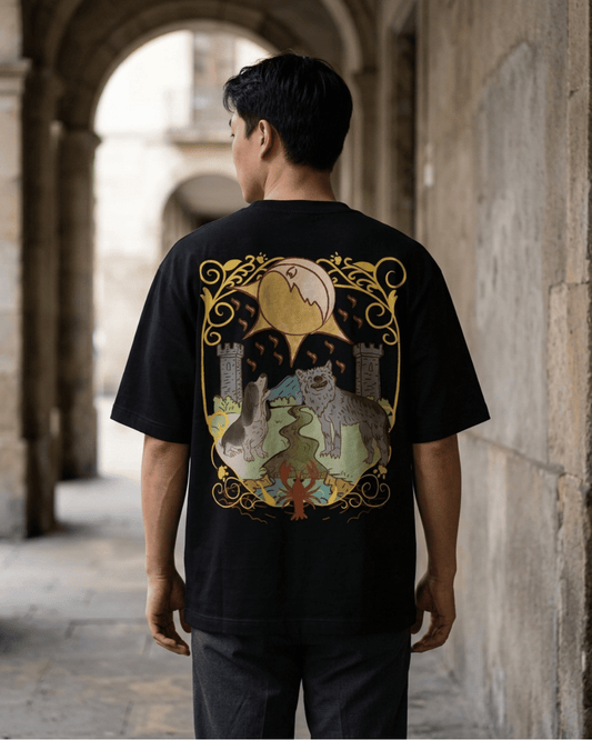 The Moon of Dogs – Tarot Oversized T-Shirt Oversized French Terry Cotton Premium Streetwear T-shirt Loom of Thirds India's No. 1 Art-led, graphic streetwear brand based in Kolkata by Sidhartha Mohanta & Chirayata Purna Chakrabarty