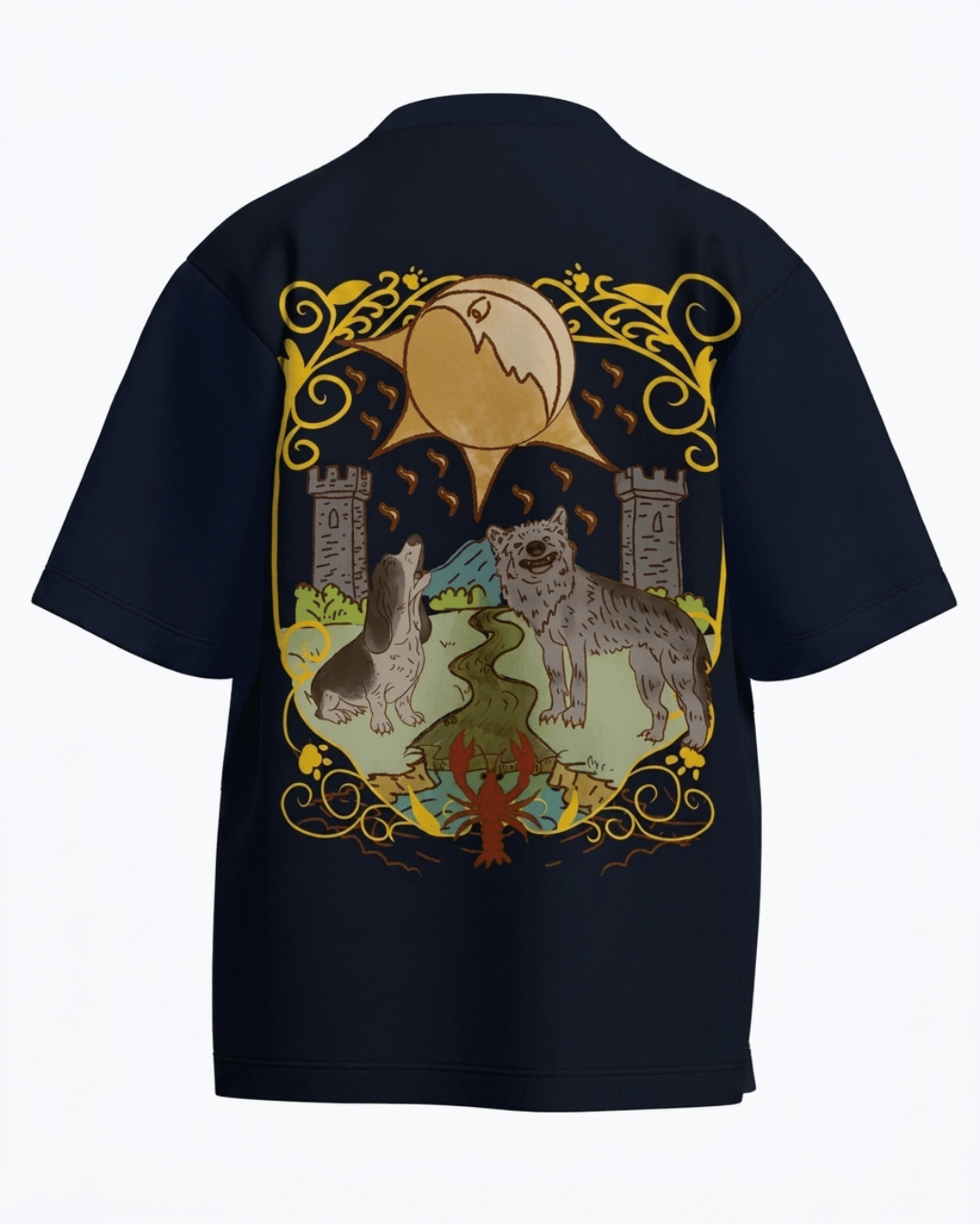 The Moon of Dogs – Tarot Oversized T-Shirt Navy Blue Oversized French Terry Cotton Premium Streetwear T-shirt Loom of Thirds India's No. 1 Art-led, graphic streetwear brand based in Kolkata by Sidhartha Mohanta & Chirayata Purna Chakrabarty