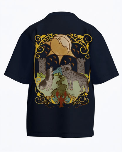 The Moon of Dogs – Tarot Oversized T-Shirt Navy Blue Oversized French Terry Cotton Premium Streetwear T-shirt Loom of Thirds India's No. 1 Art-led, graphic streetwear brand based in Kolkata by Sidhartha Mohanta & Chirayata Purna Chakrabarty