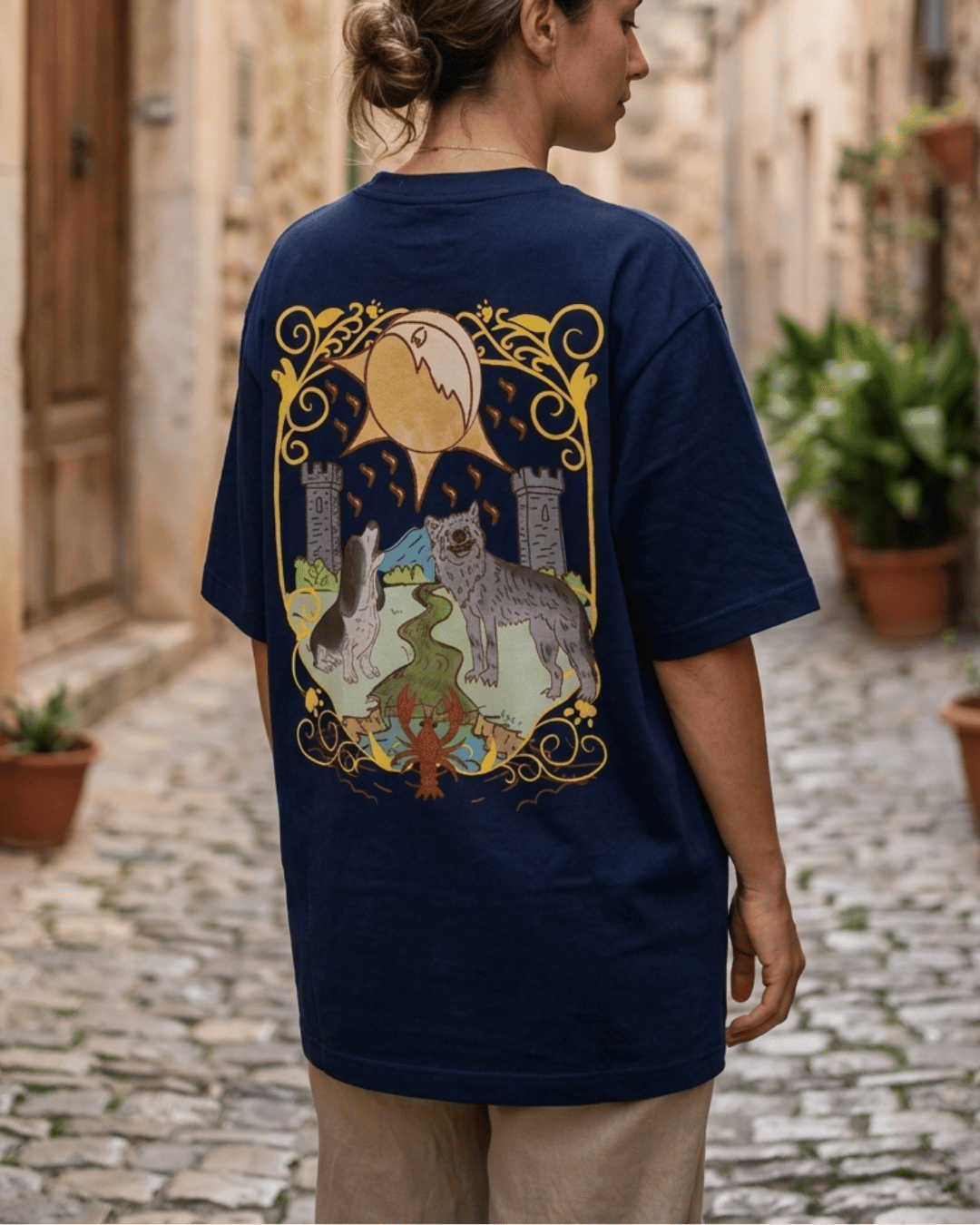 The Moon of Dogs – Tarot Oversized T-Shirt Oversized French Terry Cotton Premium Streetwear T-shirt Loom of Thirds India's No. 1 Art-led, graphic streetwear brand based in Kolkata by Sidhartha Mohanta & Chirayata Purna Chakrabarty