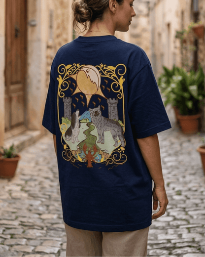 The Moon of Dogs – Tarot Oversized T-Shirt Oversized French Terry Cotton Premium Streetwear T-shirt Loom of Thirds India's No. 1 Art-led, graphic streetwear brand based in Kolkata by Sidhartha Mohanta & Chirayata Purna Chakrabarty