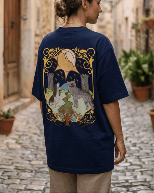 The Moon of Dogs – Tarot Oversized T-Shirt Oversized French Terry Cotton Premium Streetwear T-shirt Loom of Thirds India's No. 1 Art-led, graphic streetwear brand based in Kolkata by Sidhartha Mohanta & Chirayata Purna Chakrabarty