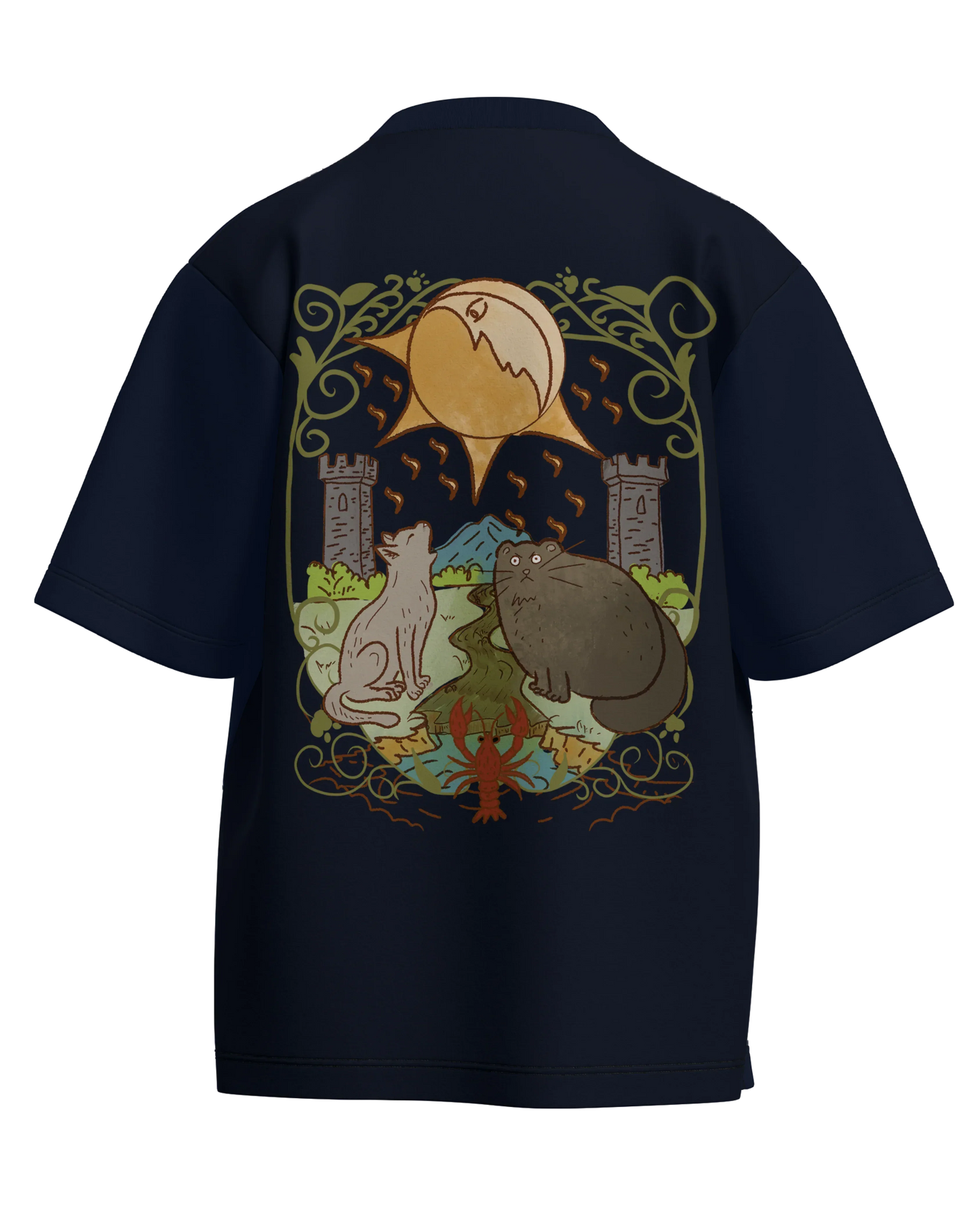 The Moon of Cats Navy Blue Oversized French Terry Cotton Premium Streetwear T-shirt Loom of Thirds India's No. 1 Art-led streetwear brand based in Kolkata by Sidhartha Mohanta & Chirayata Purna Chakrabarty