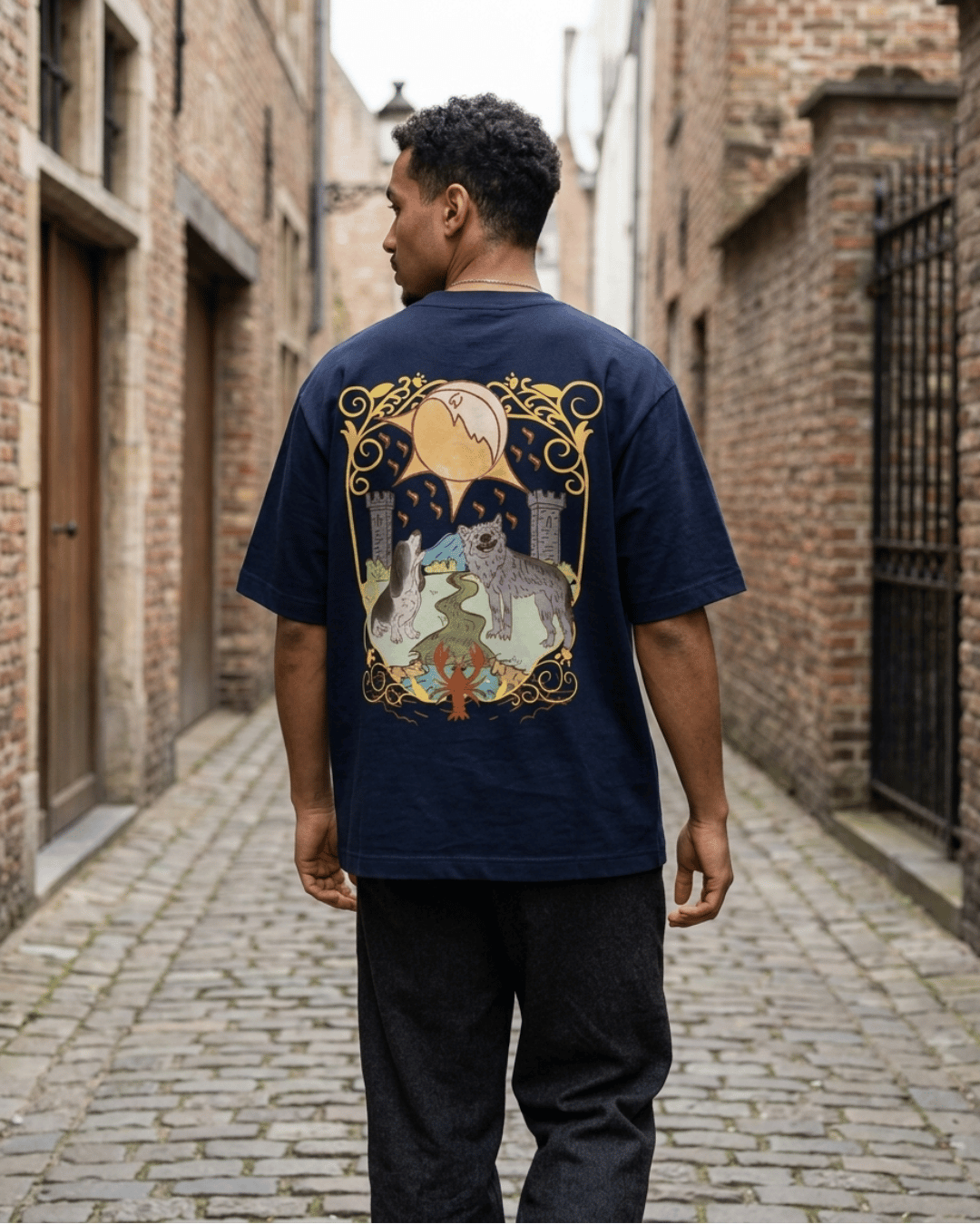 The Moon of Dogs – Tarot Oversized T-Shirt Oversized French Terry Cotton Premium Streetwear T-shirt Loom of Thirds India's No. 1 Art-led, graphic streetwear brand based in Kolkata by Sidhartha Mohanta & Chirayata Purna Chakrabarty