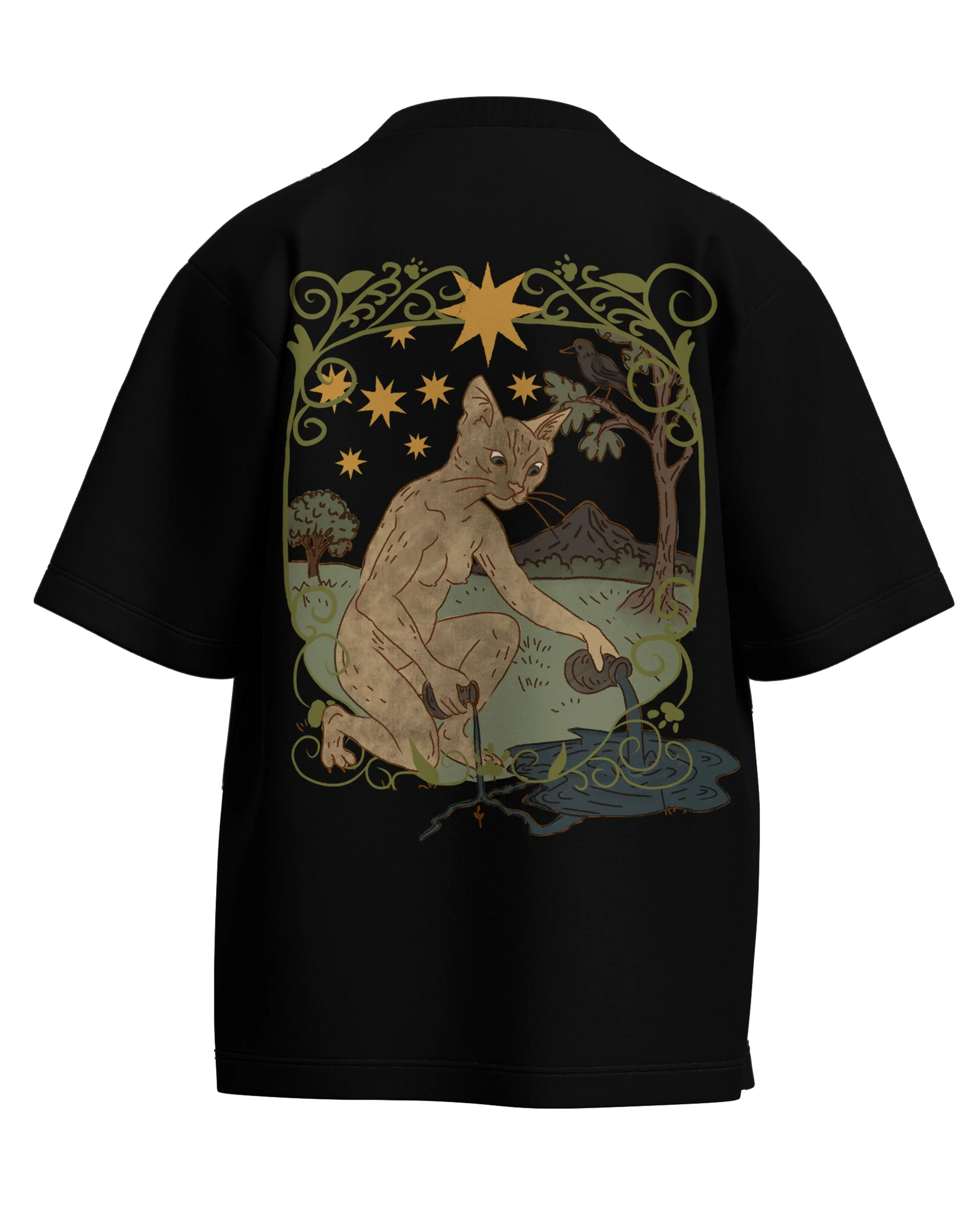 The Star of Cats Black Oversized French Terry Cotton Premium Streetwear T-shirt Loom of Thirds India's No. 1 Art-led streetwear brand based in Kolkata by Sidhartha Mohanta & Chirayata Purna Chakrabarty