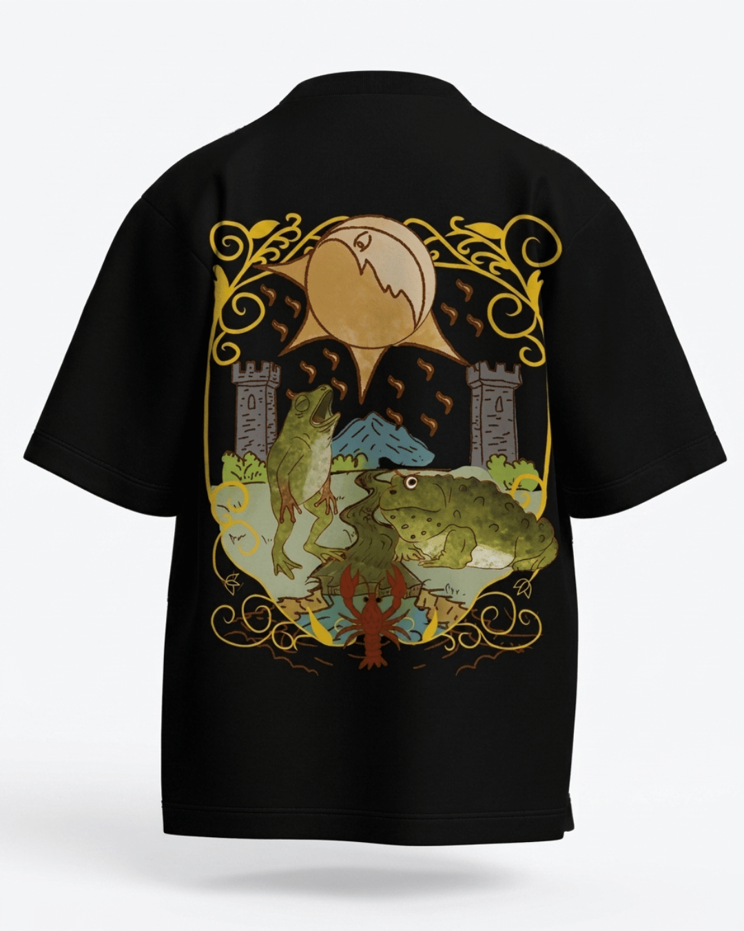 The Moon of Frogs – Tarot Oversized T-Shirt Black Oversized French Terry Cotton Premium Streetwear T-shirt Loom of Thirds India's No. 1 Art-led, graphic streetwear brand based in Kolkata by Sidhartha Mohanta & Chirayata Purna Chakrabarty
