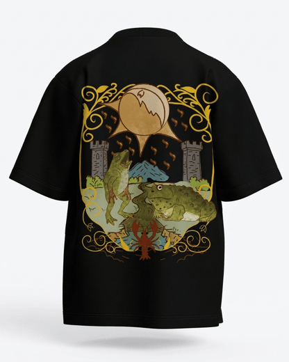 The Moon of Frogs – Tarot Oversized T-Shirt Black Oversized French Terry Cotton Premium Streetwear T-shirt Loom of Thirds India's No. 1 Art-led, graphic streetwear brand based in Kolkata by Sidhartha Mohanta & Chirayata Purna Chakrabarty