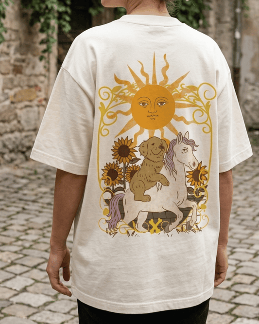 The Sun of Dogs – Tarot Oversized T-Shirt Oversized French Terry Cotton Premium Streetwear T-shirt Loom of Thirds India's No. 1 Art-led, graphic streetwear brand based in Kolkata by Sidhartha Mohanta & Chirayata Purna Chakrabarty