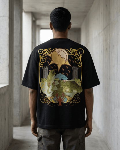 The Moon of Frogs – Tarot Oversized T-Shirt Oversized French Terry Cotton Premium Streetwear T-shirt Loom of Thirds India's No. 1 Art-led, graphic streetwear brand based in Kolkata by Sidhartha Mohanta & Chirayata Purna Chakrabarty