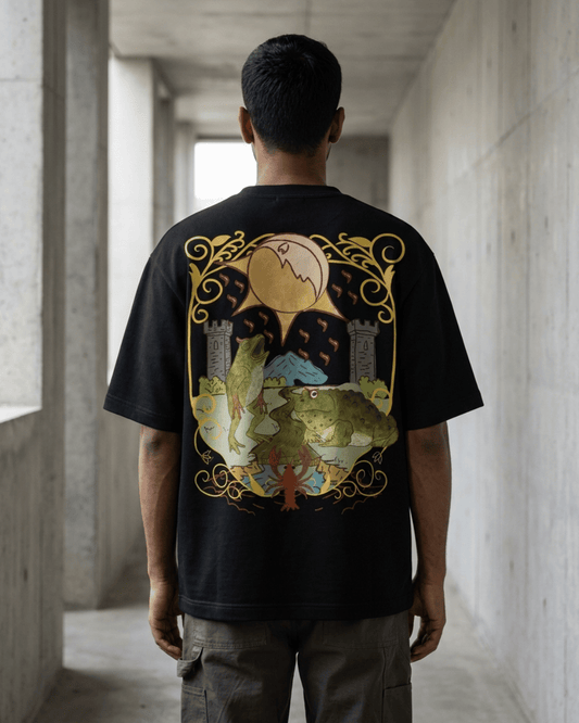 The Moon of Frogs – Tarot Oversized T-Shirt Oversized French Terry Cotton Premium Streetwear T-shirt Loom of Thirds India's No. 1 Art-led, graphic streetwear brand based in Kolkata by Sidhartha Mohanta & Chirayata Purna Chakrabarty
