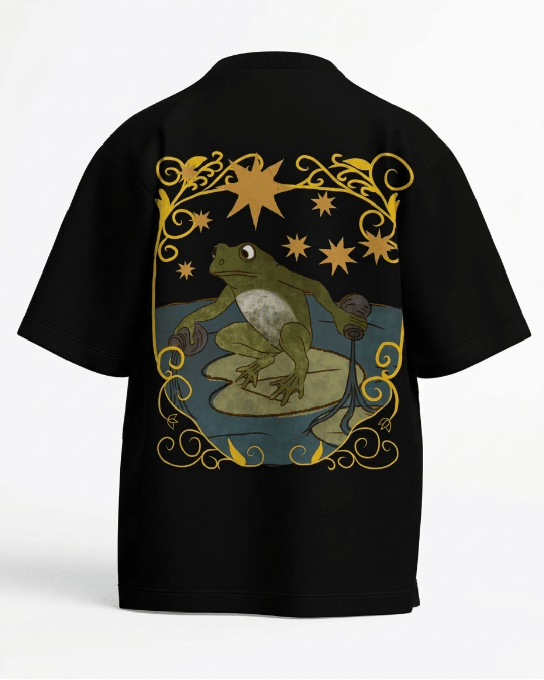 The Star of Frogs – Tarot Oversized T-Shirt Black Oversized French Terry Cotton Premium Streetwear T-shirt Loom of Thirds India's No. 1 Art-led, graphic streetwear brand based in Kolkata by Sidhartha Mohanta & Chirayata Purna Chakrabarty