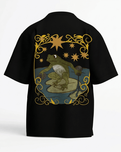 The Star of Frogs – Tarot Oversized T-Shirt Black Oversized French Terry Cotton Premium Streetwear T-shirt Loom of Thirds India's No. 1 Art-led, graphic streetwear brand based in Kolkata by Sidhartha Mohanta & Chirayata Purna Chakrabarty