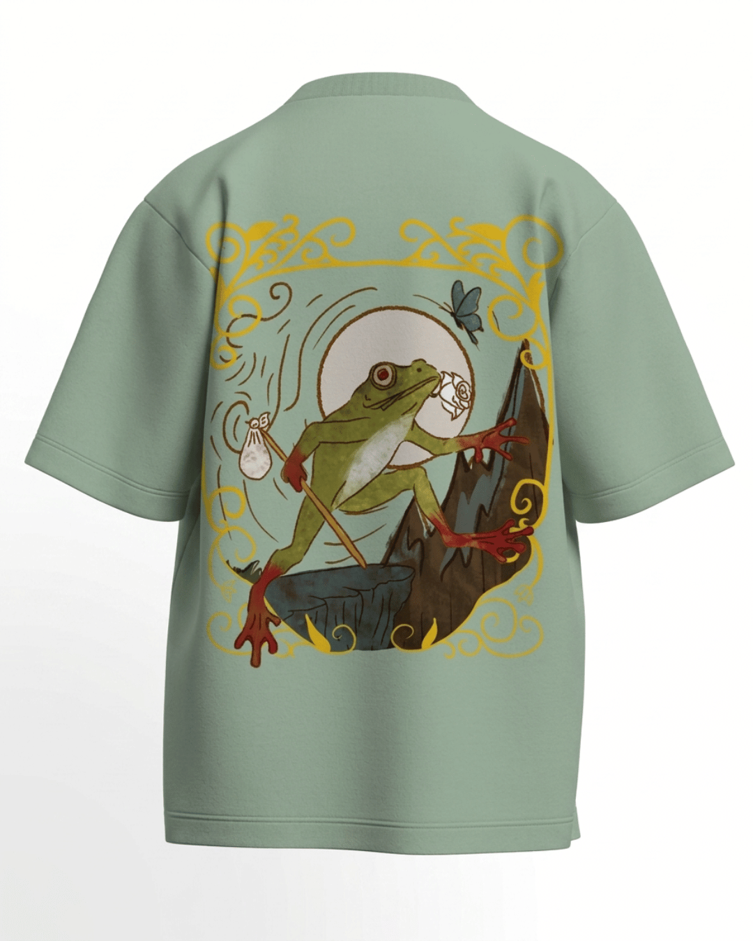 The Fool of Frogs – Tarot Oversized T-Shirt Jade Oversized French Terry Cotton Premium Streetwear T-shirt Loom of Thirds India's No. 1 Art-led, graphic streetwear brand based in Kolkata by Sidhartha Mohanta & Chirayata Purna Chakrabarty