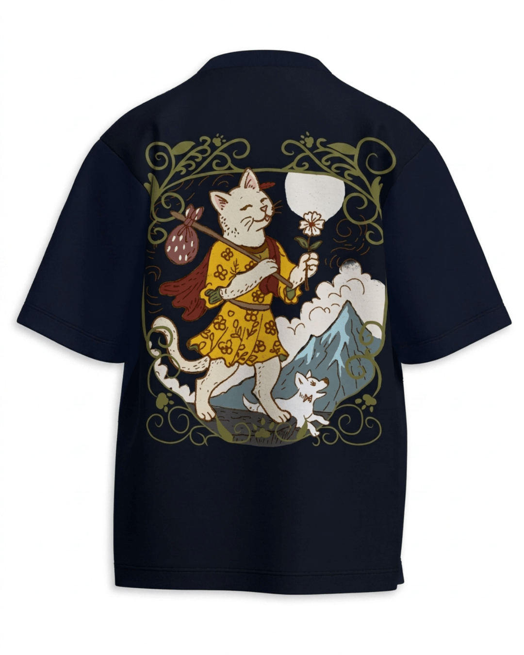 The Fool of Cats – Tarot Oversized T-Shirt Navy Blue Oversized French Terry Cotton Premium Streetwear T-shirt Loom of Thirds India's No. 1 Art-led, graphic streetwear brand based in Kolkata by Sidhartha Mohanta & Chirayata Purna Chakrabarty
