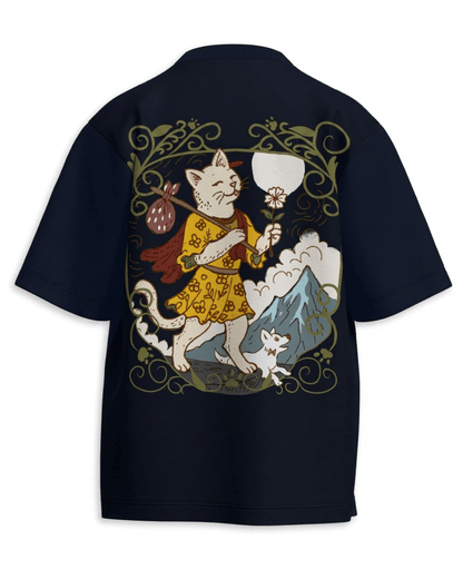The Fool of Cats – Tarot Oversized T-Shirt Navy Blue Oversized French Terry Cotton Premium Streetwear T-shirt Loom of Thirds India's No. 1 Art-led, graphic streetwear brand based in Kolkata by Sidhartha Mohanta & Chirayata Purna Chakrabarty