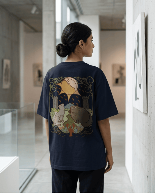 The Moon of Cats – Tarot Oversized T-Shirt Oversized French Terry Cotton Premium Streetwear T-shirt Loom of Thirds India's No. 1 Art-led, graphic streetwear brand based in Kolkata by Sidhartha Mohanta & Chirayata Purna Chakrabarty