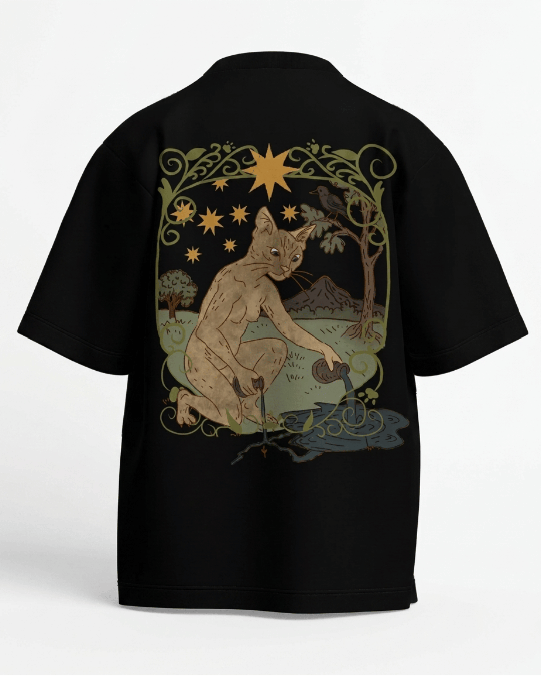 The Star of Cats – Tarot Oversized T-Shirt Black Oversized French Terry Cotton Premium Streetwear T-shirt Loom of Thirds India's No. 1 Art-led, graphic streetwear brand based in Kolkata by Sidhartha Mohanta & Chirayata Purna Chakrabarty