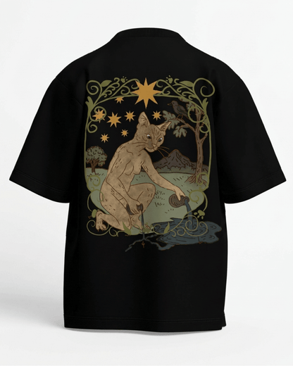 The Star of Cats – Tarot Oversized T-Shirt Black Oversized French Terry Cotton Premium Streetwear T-shirt Loom of Thirds India's No. 1 Art-led, graphic streetwear brand based in Kolkata by Sidhartha Mohanta & Chirayata Purna Chakrabarty