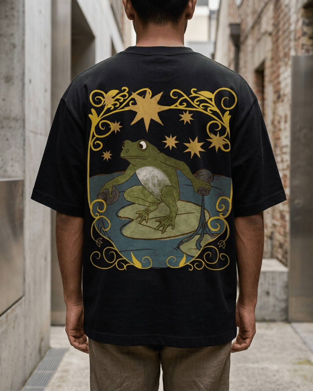 The Star of Frogs – Tarot Oversized T-Shirt Oversized French Terry Cotton Premium Streetwear T-shirt Loom of Thirds India's No. 1 Art-led, graphic streetwear brand based in Kolkata by Sidhartha Mohanta & Chirayata Purna Chakrabarty