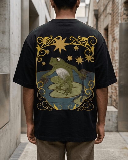 The Star of Frogs – Tarot Oversized T-Shirt Oversized French Terry Cotton Premium Streetwear T-shirt Loom of Thirds India's No. 1 Art-led, graphic streetwear brand based in Kolkata by Sidhartha Mohanta & Chirayata Purna Chakrabarty