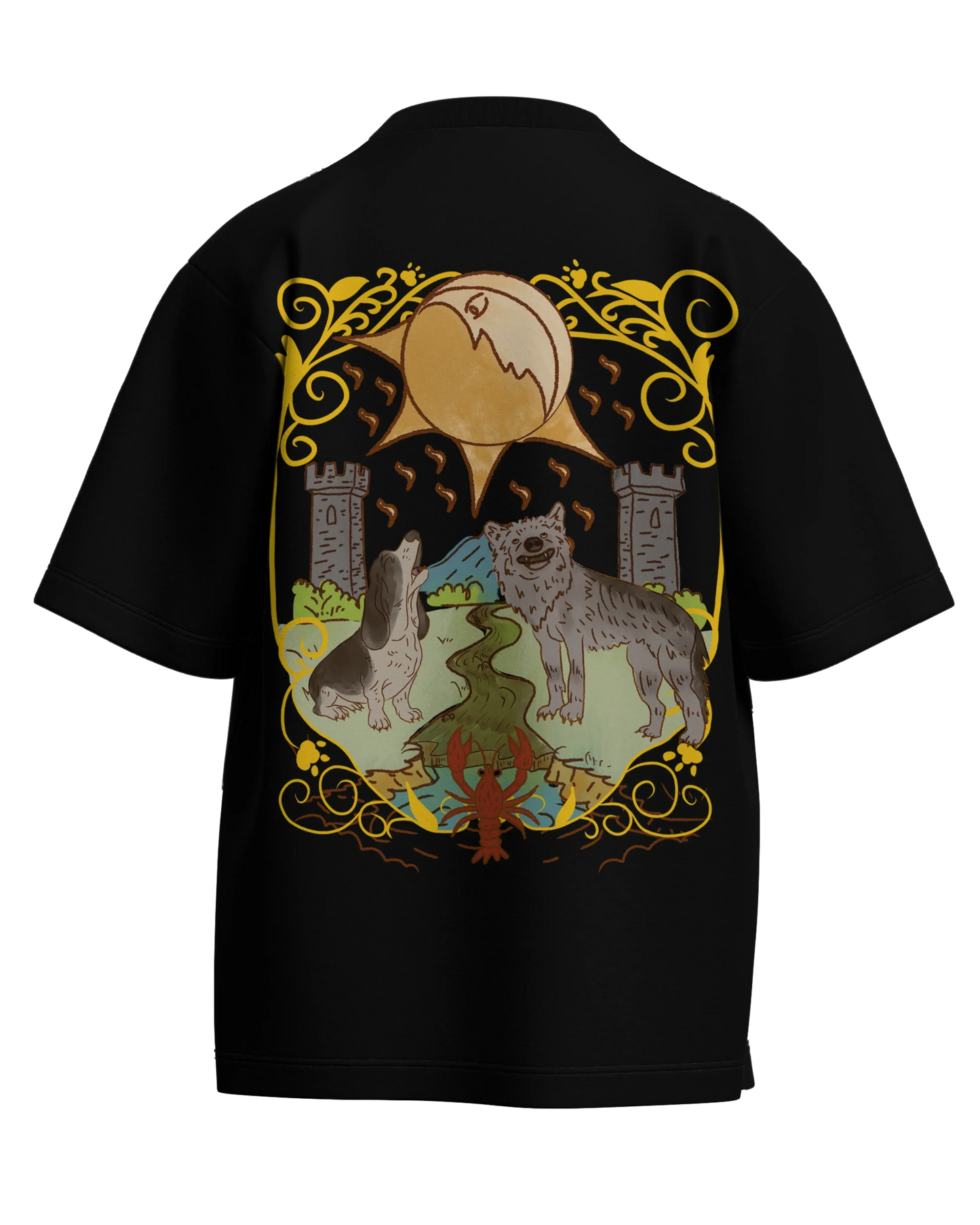 The Moon of Dogs Black Oversized French Terry Cotton Premium Streetwear T-shirt Loom of Thirds India's No. 1 Art-led streetwear brand based in Kolkata by Sidhartha Mohanta & Chirayata Purna Chakrabarty