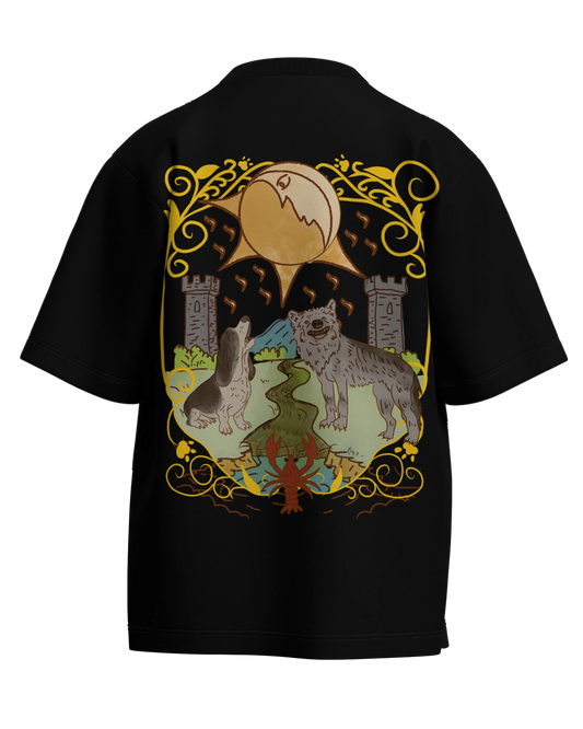 The Moon of Dogs Black Oversized French Terry Cotton Premium Streetwear T-shirt Loom of Thirds India's No. 1 Art-led streetwear brand based in Kolkata by Sidhartha Mohanta & Chirayata Purna Chakrabarty