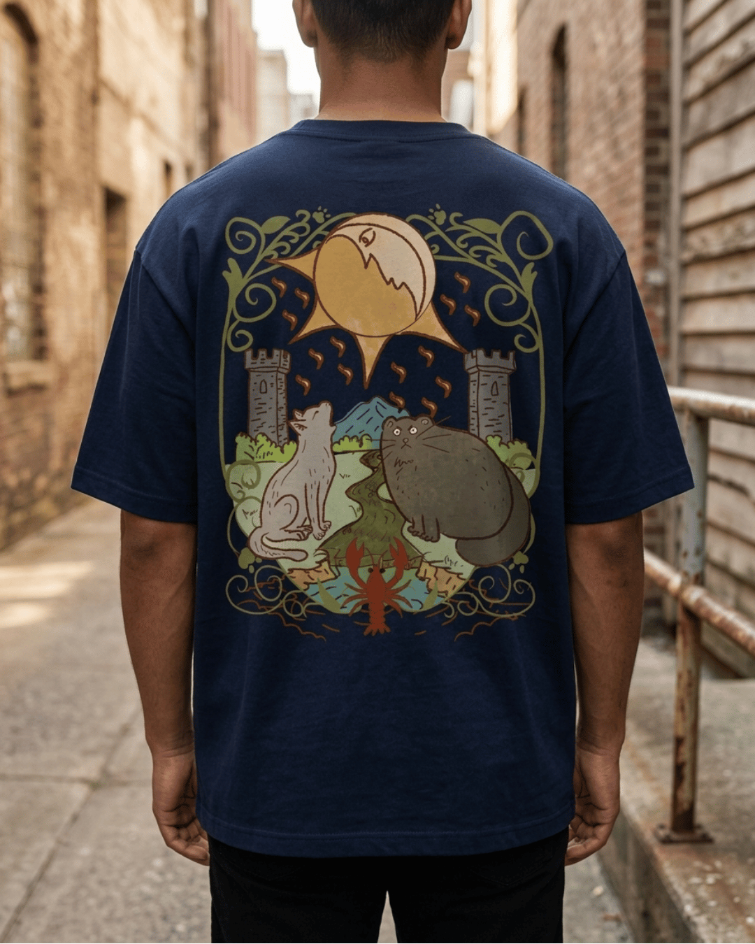 The Moon of Cats – Tarot Oversized T-Shirt Oversized French Terry Cotton Premium Streetwear T-shirt Loom of Thirds India's No. 1 Art-led, graphic streetwear brand based in Kolkata by Sidhartha Mohanta & Chirayata Purna Chakrabarty