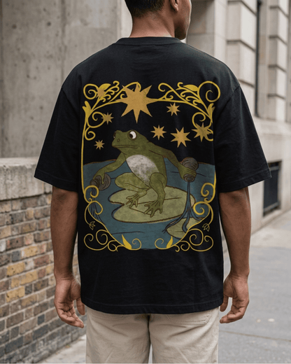 The Star of Frogs – Tarot Oversized T-Shirt Oversized French Terry Cotton Premium Streetwear T-shirt Loom of Thirds India's No. 1 Art-led, graphic streetwear brand based in Kolkata by Sidhartha Mohanta & Chirayata Purna Chakrabarty