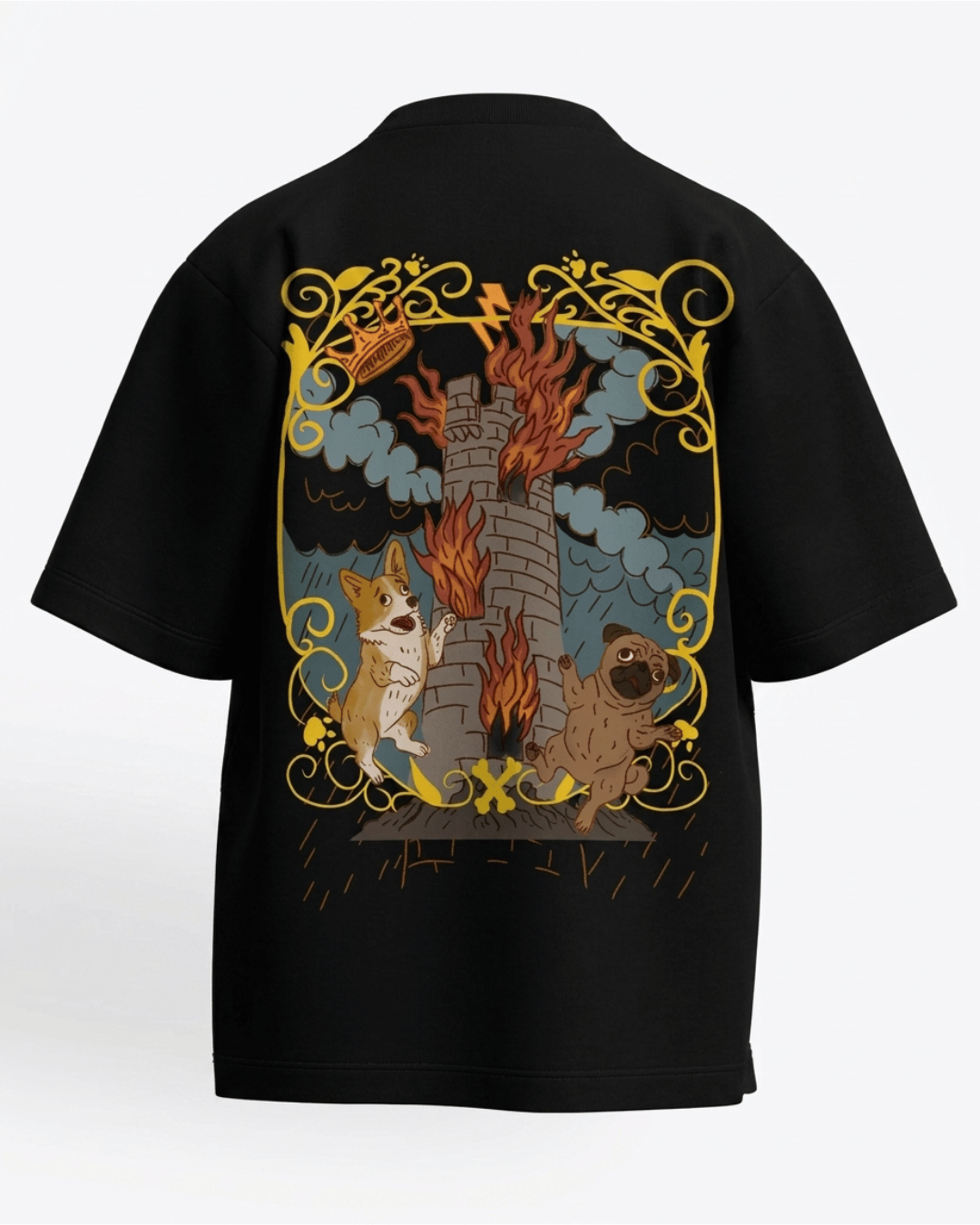 The Tower of Dogs – Tarot Oversized T-Shirt Black Oversized French Terry Cotton Premium Streetwear T-shirt Loom of Thirds India's No. 1 Art-led, graphic streetwear brand based in Kolkata by Sidhartha Mohanta & Chirayata Purna Chakrabarty