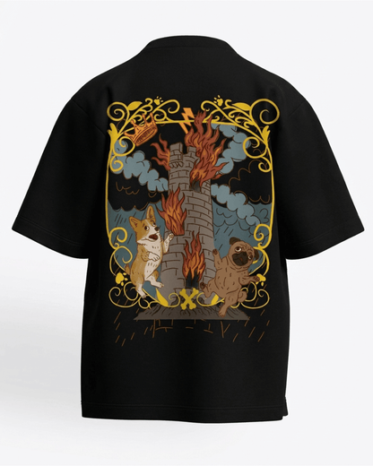 The Tower of Dogs – Tarot Oversized T-Shirt Black Oversized French Terry Cotton Premium Streetwear T-shirt Loom of Thirds India's No. 1 Art-led, graphic streetwear brand based in Kolkata by Sidhartha Mohanta & Chirayata Purna Chakrabarty