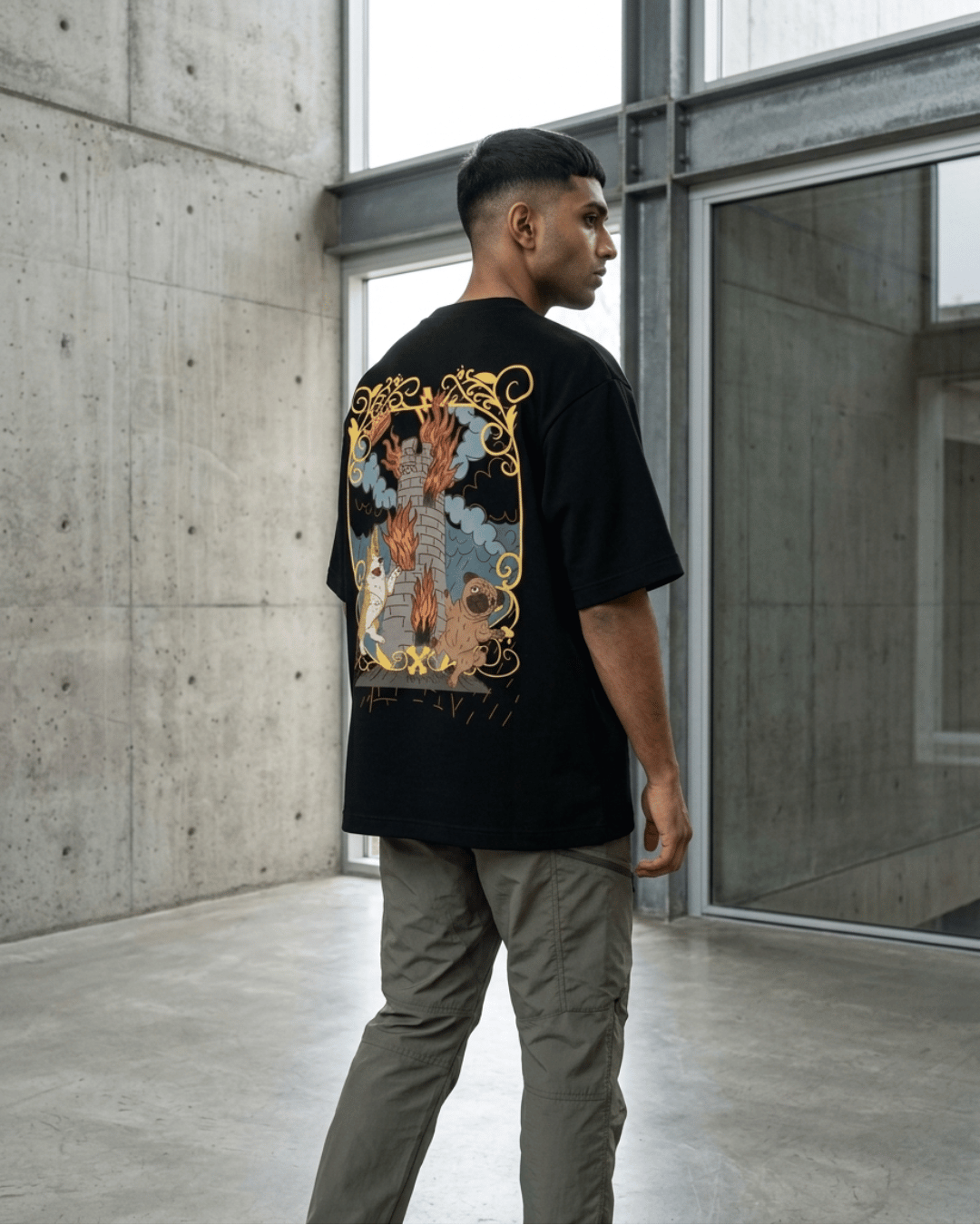 The Tower of Dogs – Tarot Oversized T-Shirt Oversized French Terry Cotton Premium Streetwear T-shirt Loom of Thirds India's No. 1 Art-led, graphic streetwear brand based in Kolkata by Sidhartha Mohanta & Chirayata Purna Chakrabarty