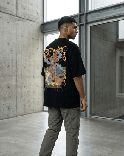 The Tower of Dogs – Tarot Oversized T-Shirt Oversized French Terry Cotton Premium Streetwear T-shirt Loom of Thirds India's No. 1 Art-led, graphic streetwear brand based in Kolkata by Sidhartha Mohanta & Chirayata Purna Chakrabarty