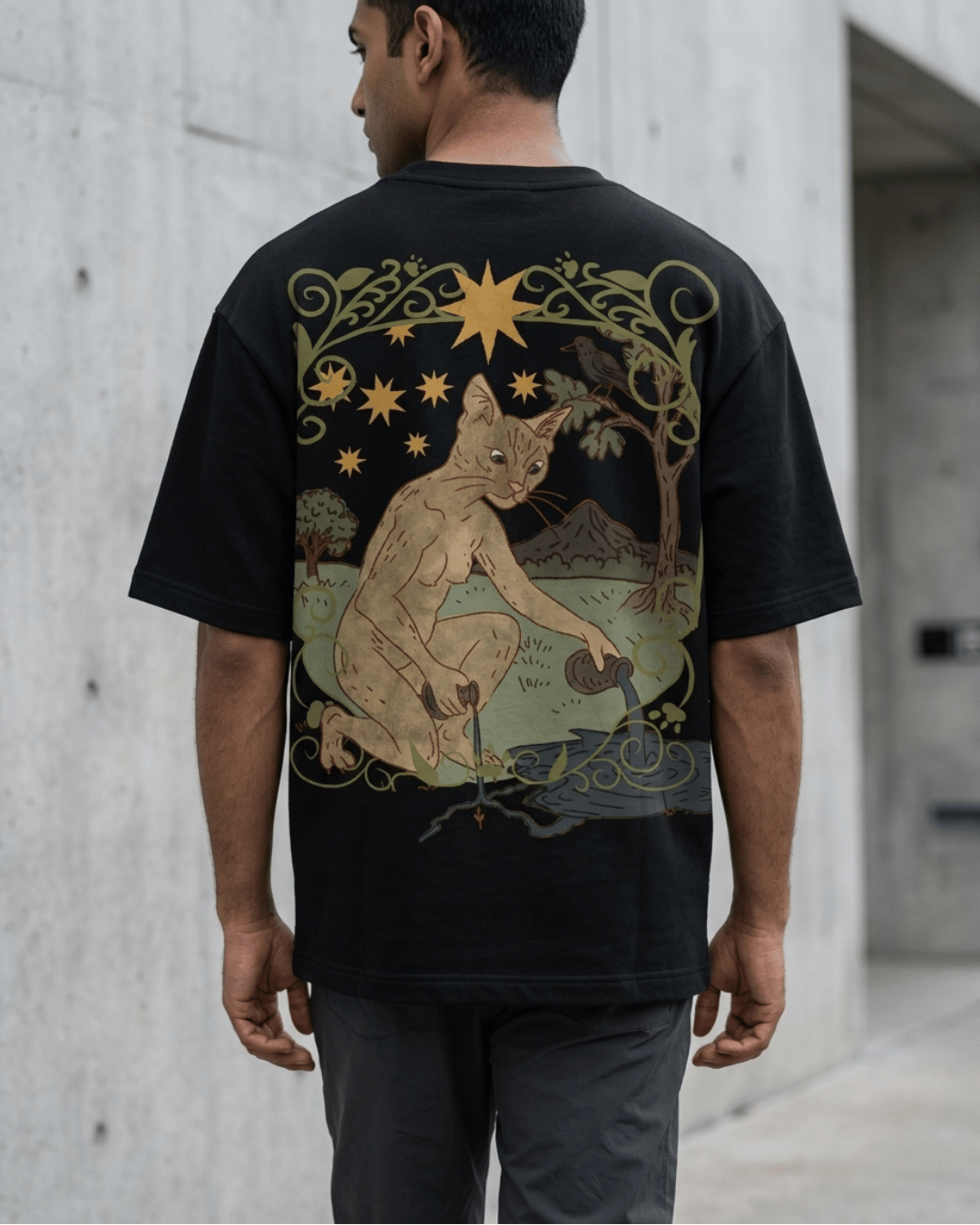 The Star of Cats – Tarot Oversized T-Shirt Oversized French Terry Cotton Premium Streetwear T-shirt Loom of Thirds India's No. 1 Art-led, graphic streetwear brand based in Kolkata by Sidhartha Mohanta & Chirayata Purna Chakrabarty