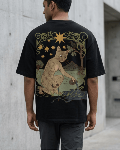 The Star of Cats – Tarot Oversized T-Shirt Oversized French Terry Cotton Premium Streetwear T-shirt Loom of Thirds India's No. 1 Art-led, graphic streetwear brand based in Kolkata by Sidhartha Mohanta & Chirayata Purna Chakrabarty