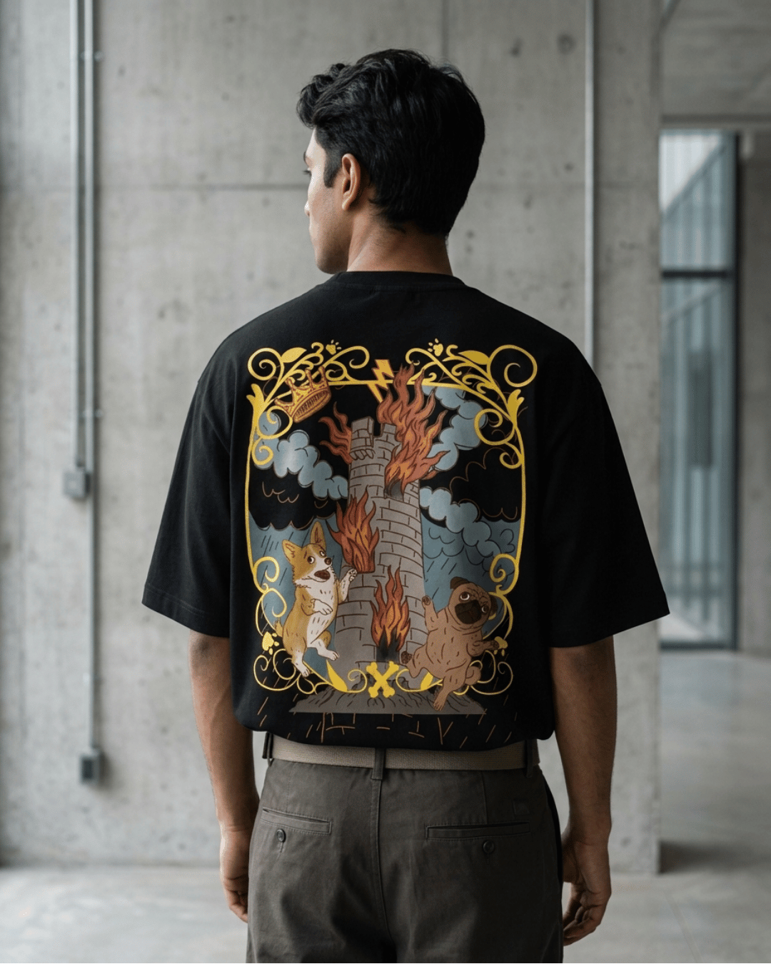 The Tower of Dogs – Tarot Oversized T-Shirt Oversized French Terry Cotton Premium Streetwear T-shirt Loom of Thirds India's No. 1 Art-led, graphic streetwear brand based in Kolkata by Sidhartha Mohanta & Chirayata Purna Chakrabarty