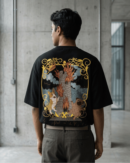 The Tower of Dogs – Tarot Oversized T-Shirt Oversized French Terry Cotton Premium Streetwear T-shirt Loom of Thirds India's No. 1 Art-led, graphic streetwear brand based in Kolkata by Sidhartha Mohanta & Chirayata Purna Chakrabarty