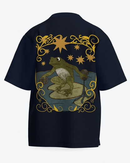 The Star of Frogs – Tarot Oversized T-Shirt Navy Blue Oversized French Terry Cotton Premium Streetwear T-shirt Loom of Thirds India's No. 1 Art-led, graphic streetwear brand based in Kolkata by Sidhartha Mohanta & Chirayata Purna Chakrabarty