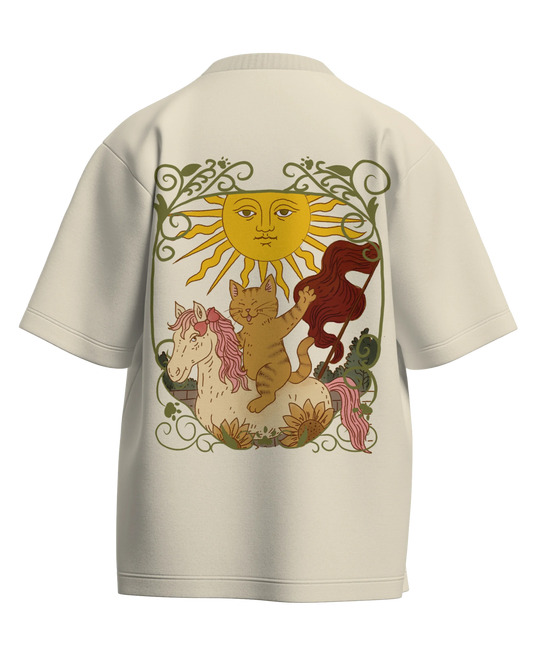 The Sun of Cats Off White Oversized French Terry Cotton Premium Streetwear T-shirt Loom of Thirds India's No. 1 Art-led streetwear brand based in Kolkata by Sidhartha Mohanta & Chirayata Purna Chakrabarty