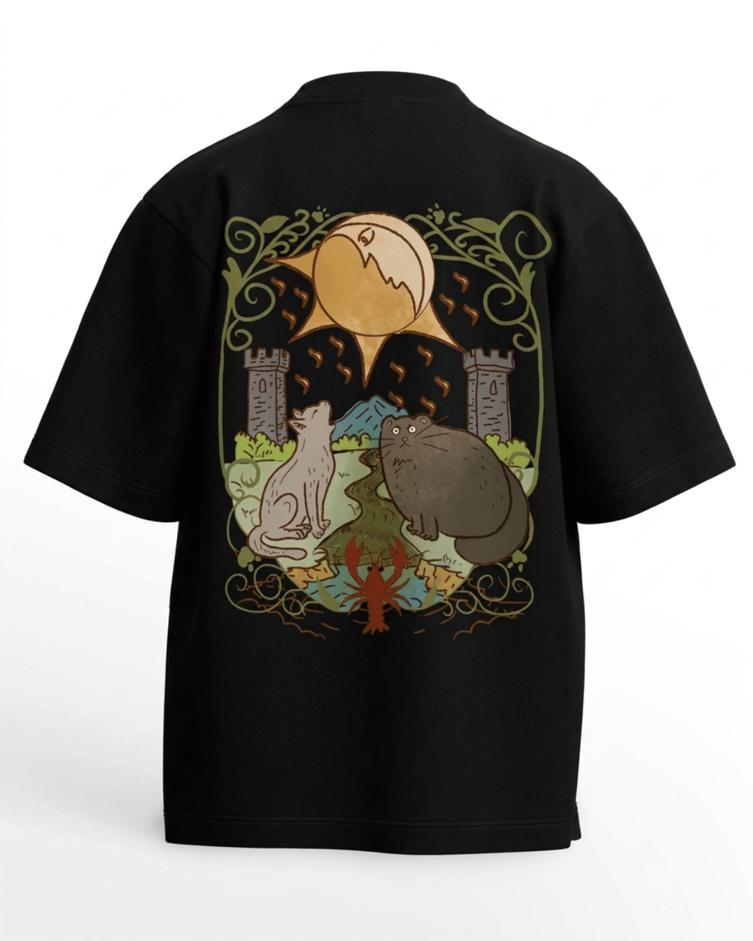 The Moon of Cats – Tarot Oversized T-Shirt Black Oversized French Terry Cotton Premium Streetwear T-shirt Loom of Thirds India's No. 1 Art-led, graphic streetwear brand based in Kolkata by Sidhartha Mohanta & Chirayata Purna Chakrabarty