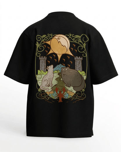 The Moon of Cats – Tarot Oversized T-Shirt Black Oversized French Terry Cotton Premium Streetwear T-shirt Loom of Thirds India's No. 1 Art-led, graphic streetwear brand based in Kolkata by Sidhartha Mohanta & Chirayata Purna Chakrabarty