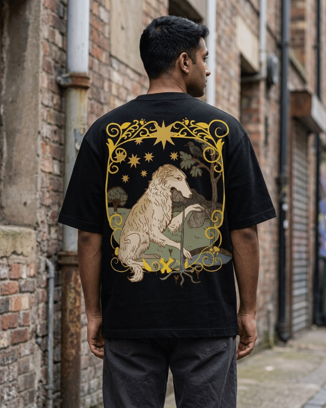 The Star of Dogs – Tarot Oversized T-Shirt Oversized French Terry Cotton Premium Streetwear T-shirt Loom of Thirds India's No. 1 Art-led, graphic streetwear brand based in Kolkata by Sidhartha Mohanta & Chirayata Purna Chakrabarty