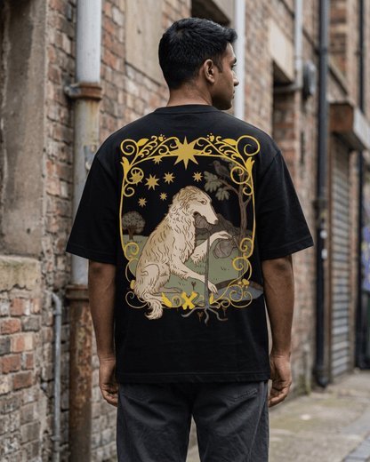 The Star of Dogs – Tarot Oversized T-Shirt Oversized French Terry Cotton Premium Streetwear T-shirt Loom of Thirds India's No. 1 Art-led, graphic streetwear brand based in Kolkata by Sidhartha Mohanta & Chirayata Purna Chakrabarty
